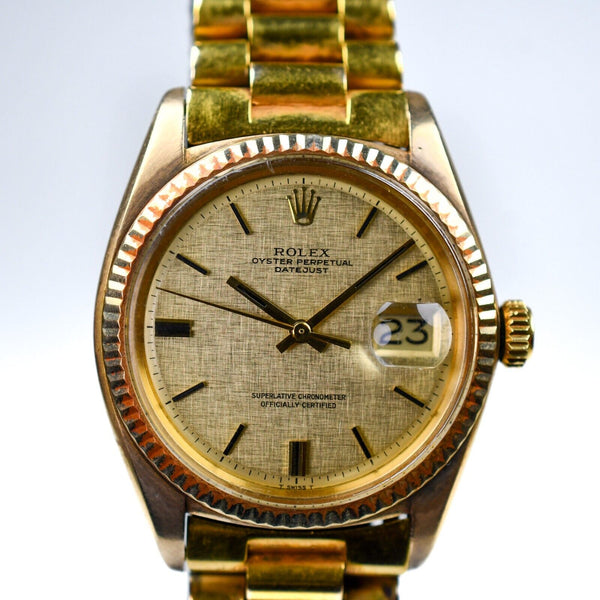 Rolex 1972 Datejust 1601 18k Cal 1575 Linen Dial Yellow Gold Rare Japan Bracelet