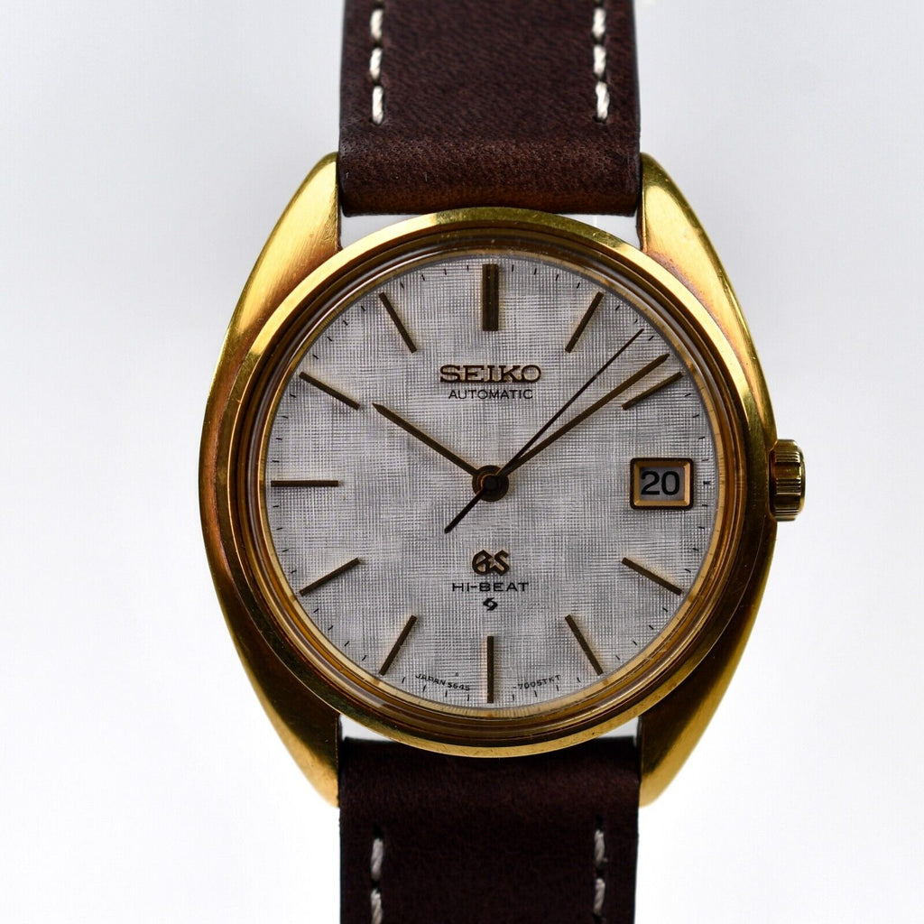 Grand Seiko 5645-7005 18k Yellow Gold 1973 Automatic Hi-Beat 35mm Rare Linen